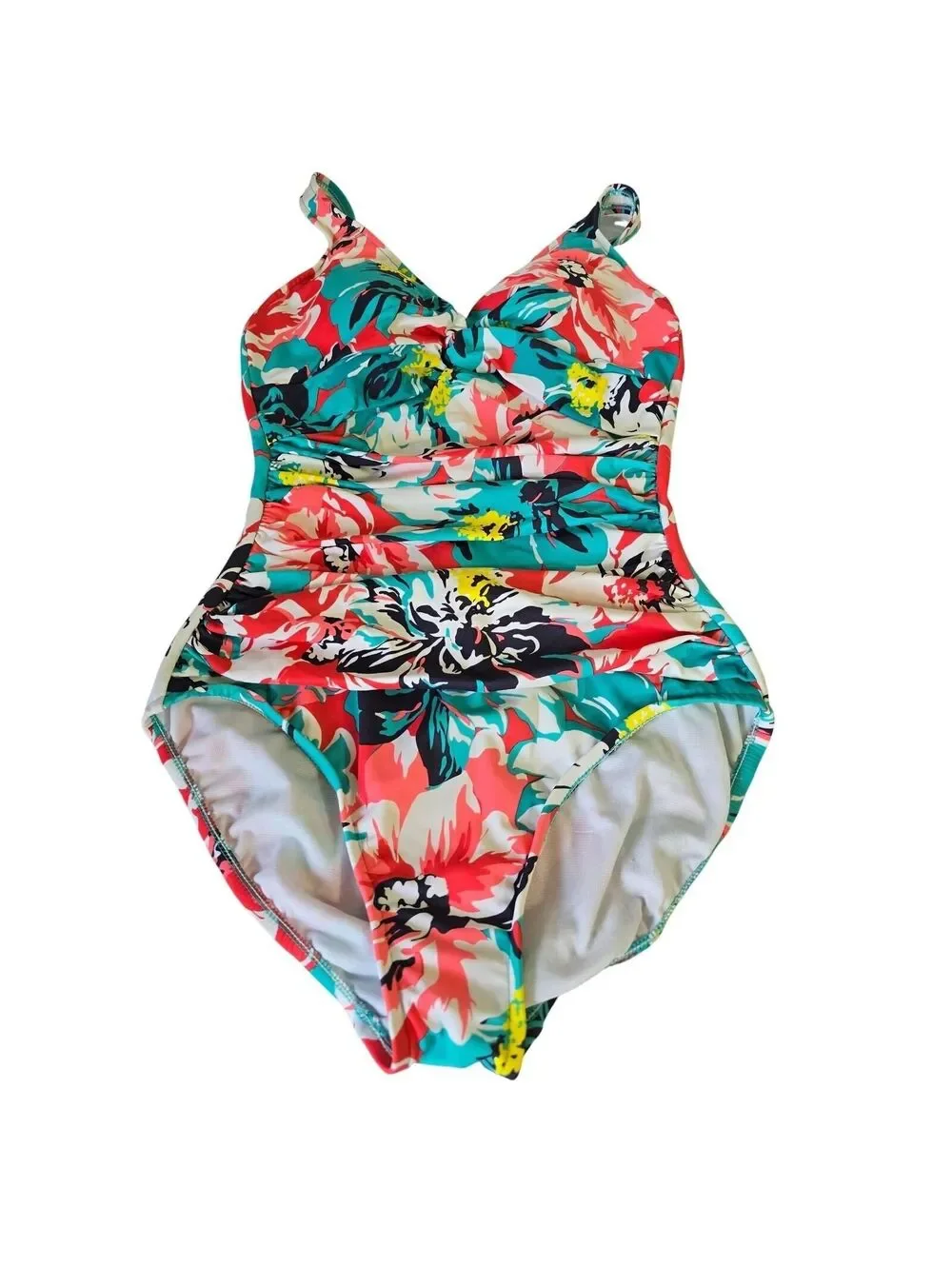 Tropical Floral Ruched One Piece Swimsuit Coral Teal V-Neck Padded Poshmark